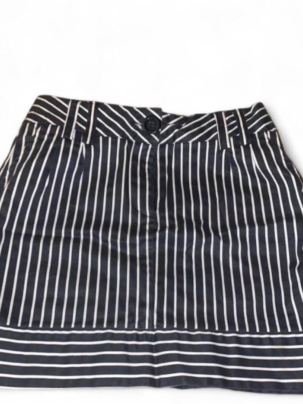 Black and White Vertical Stripe Mini Skirt with Button Waist & Pockets, XSmall